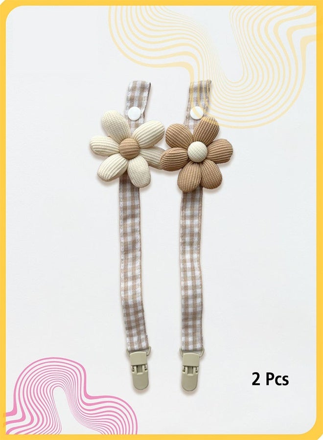 2 Pack Pacifier Clip, Baby Pacifier Chains Set, Cute Five-Petal Flower Design, Soft Fabric Grid Pattern, Universal Pacifier Case, Pacifier Chain, Pacifier Holder for Soother & Teething Toys, Anti-Drop